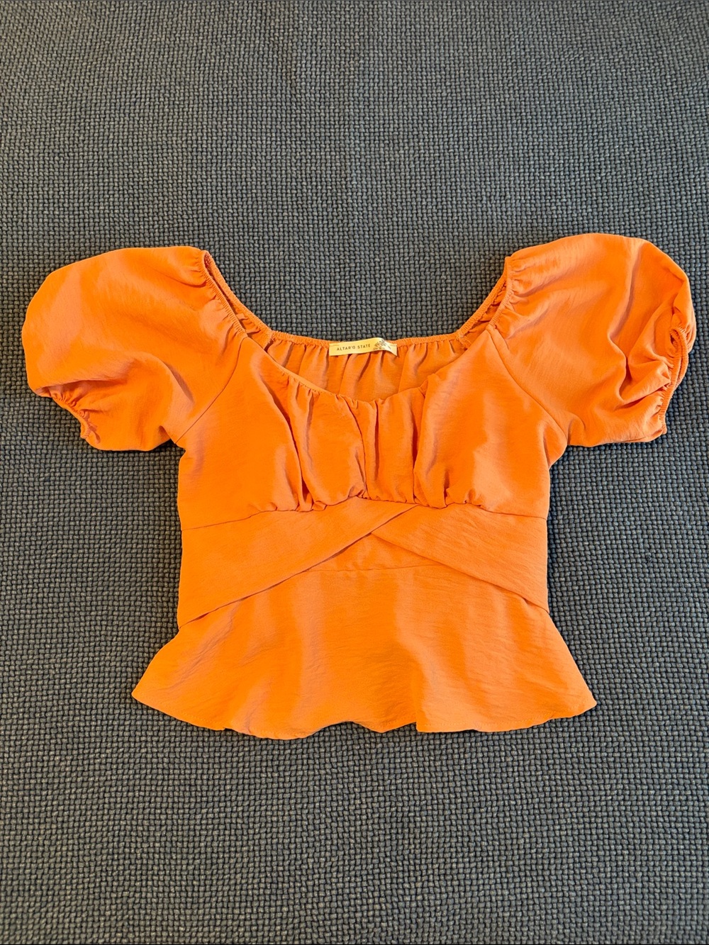 Altar'd State Light Orange Puff-Sleeve Peplum Crop Top